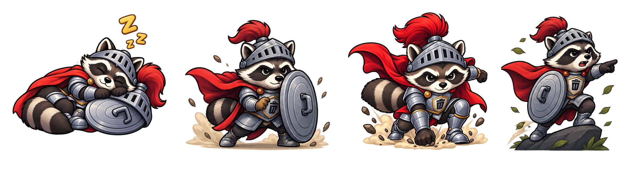 Character sheet with four poses of the raccoon knight: sleeping on its shield, standing guard, charging, and pointing.