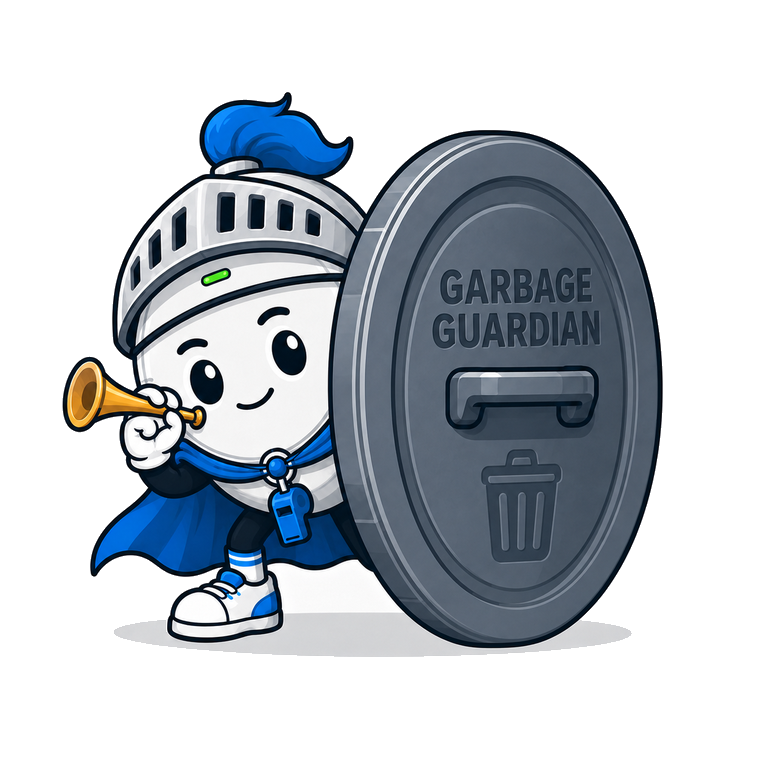 The Garbage Guardian mascot: a small round knight in a white visored helmet with a blue plume, blowing a golden trumpet, leaning on a bin lid embossed with GARBAGE GUARDIAN.