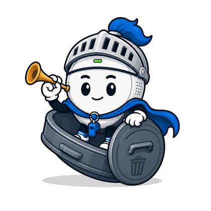 The knight climbing out of a tipped-over bin, still holding the trumpet.