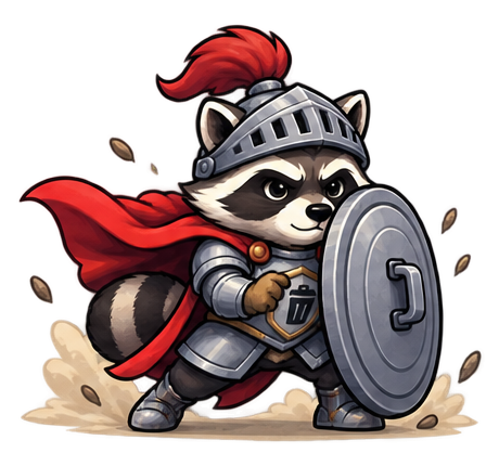 The raccoon knight charging forward with sword and bin-lid shield, ready for battle.