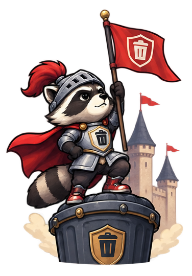 The Garbage Guardian mascot: a raccoon knight with a red plume and cape, planting a flag with a trash-can crest on top of a conquered garbage bin.
