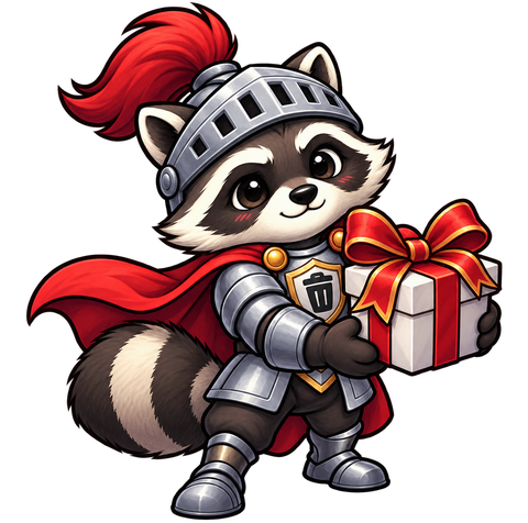 The raccoon knight holding out a white gift box with a red ribbon.