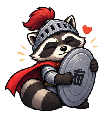 The raccoon knight contentedly hugging its bin-lid shield, a little heart floating above.