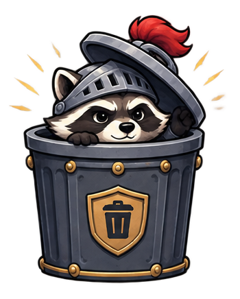 The raccoon knight peeking out of an overflowing bin, lifting the lid.