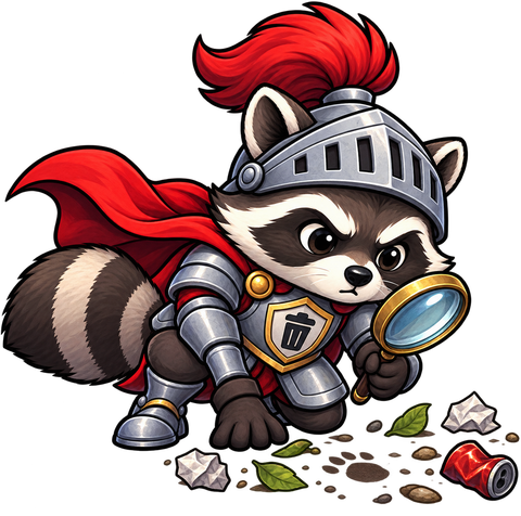 The raccoon knight inspecting a scroll through a magnifying glass.