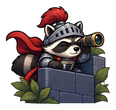 The raccoon knight peering through a spyglass from a battlement.