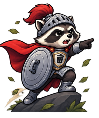 The raccoon knight pointing sternly, shield raised, calling out the open lid.