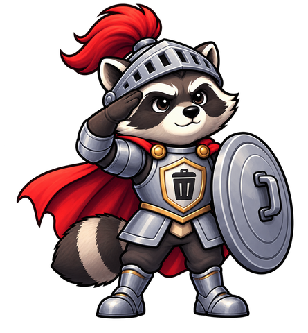 The Garbage Guardian raccoon knight saluting smartly, bin-lid shield at its side.