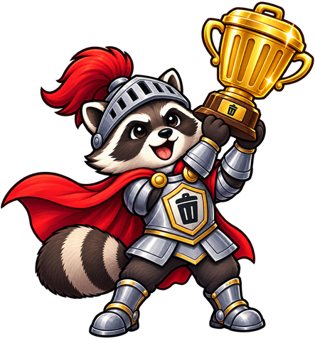 The raccoon knight proudly holding up a golden trophy.