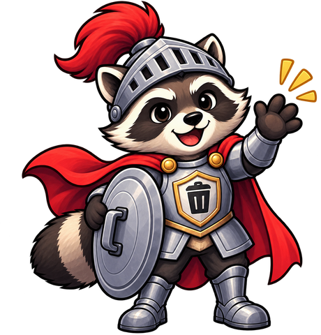 The raccoon knight waving cheerfully, shield in the other paw.